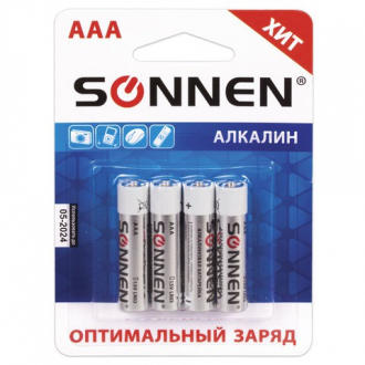 Батарейки SONNEN, AAA (LR03), комплект 4 шт., АЛКАЛИНОВЫЕ, в блистере, 1,5 В - Интернет-магазин бытовой техники, вентиляции, гигиенического оборудования Энерготехника, Екатеринбург