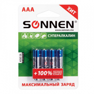 Батарейки SONNEN, AAA (LR03), комплект 4 шт., СУПЕРАЛКАЛИНОВЫЕ, в блистере, 1,5 В - Интернет-магазин бытовой техники, вентиляции, гигиенического оборудования Энерготехника, Екатеринбург
